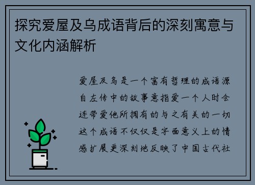 探究爱屋及乌成语背后的深刻寓意与文化内涵解析